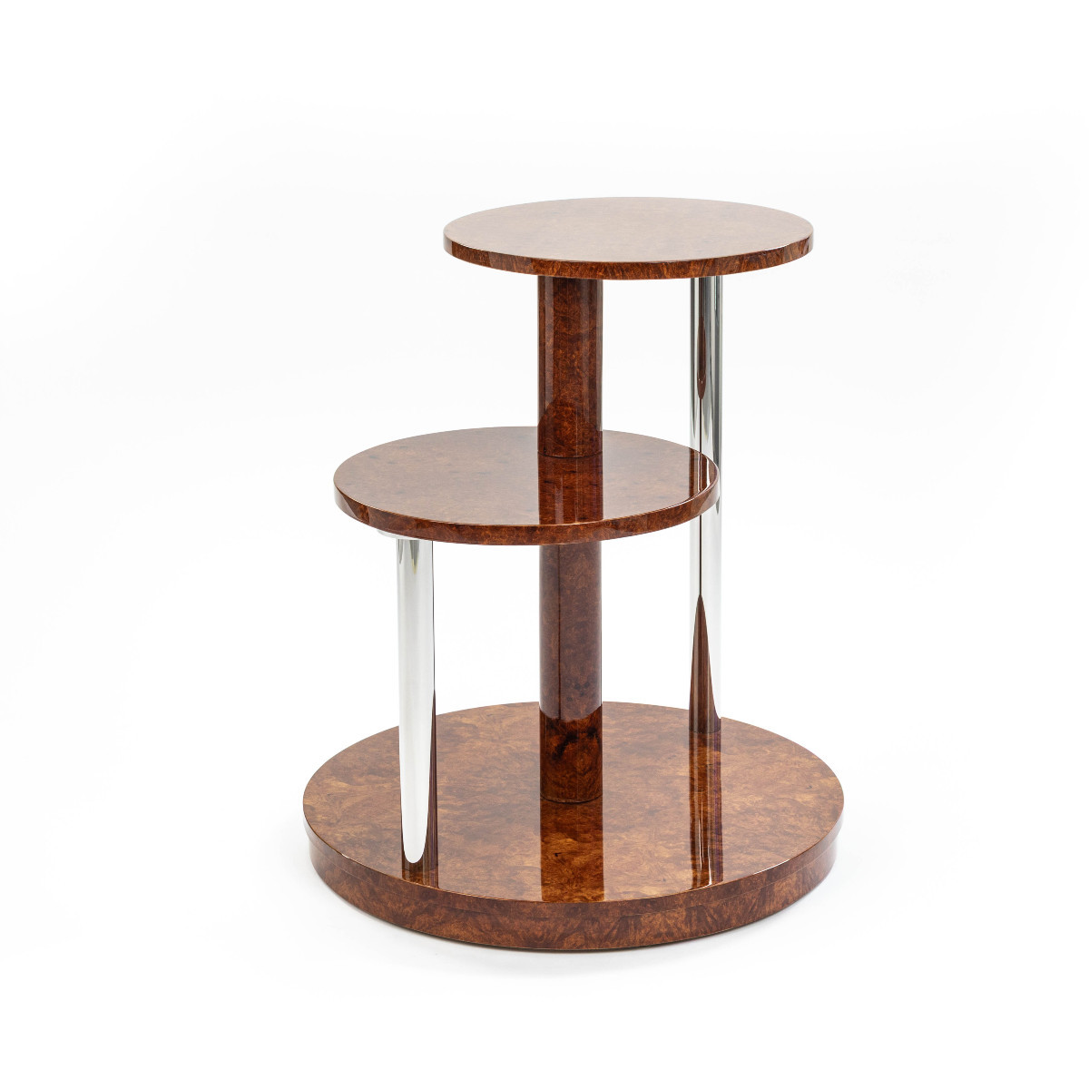 Table basse Art Déco à plusieurs niveaux en bois d'Amboyna et acier inoxydable, années 1930-photo-2