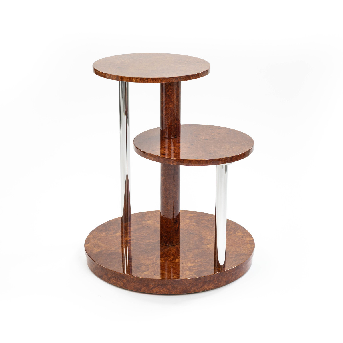 Table basse Art Déco à plusieurs niveaux en bois d'Amboyna et acier inoxydable, années 1930