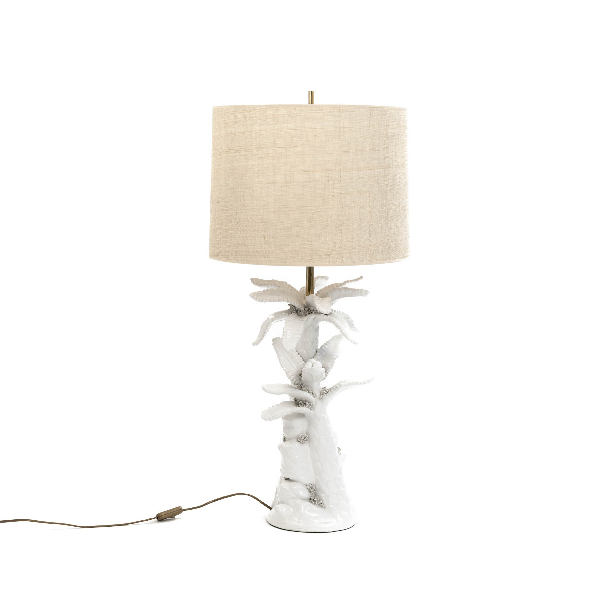 Mid-century French "palmier Blanc" Ceramic Table Lamp With Raffia Shade, 1970s-photo-2