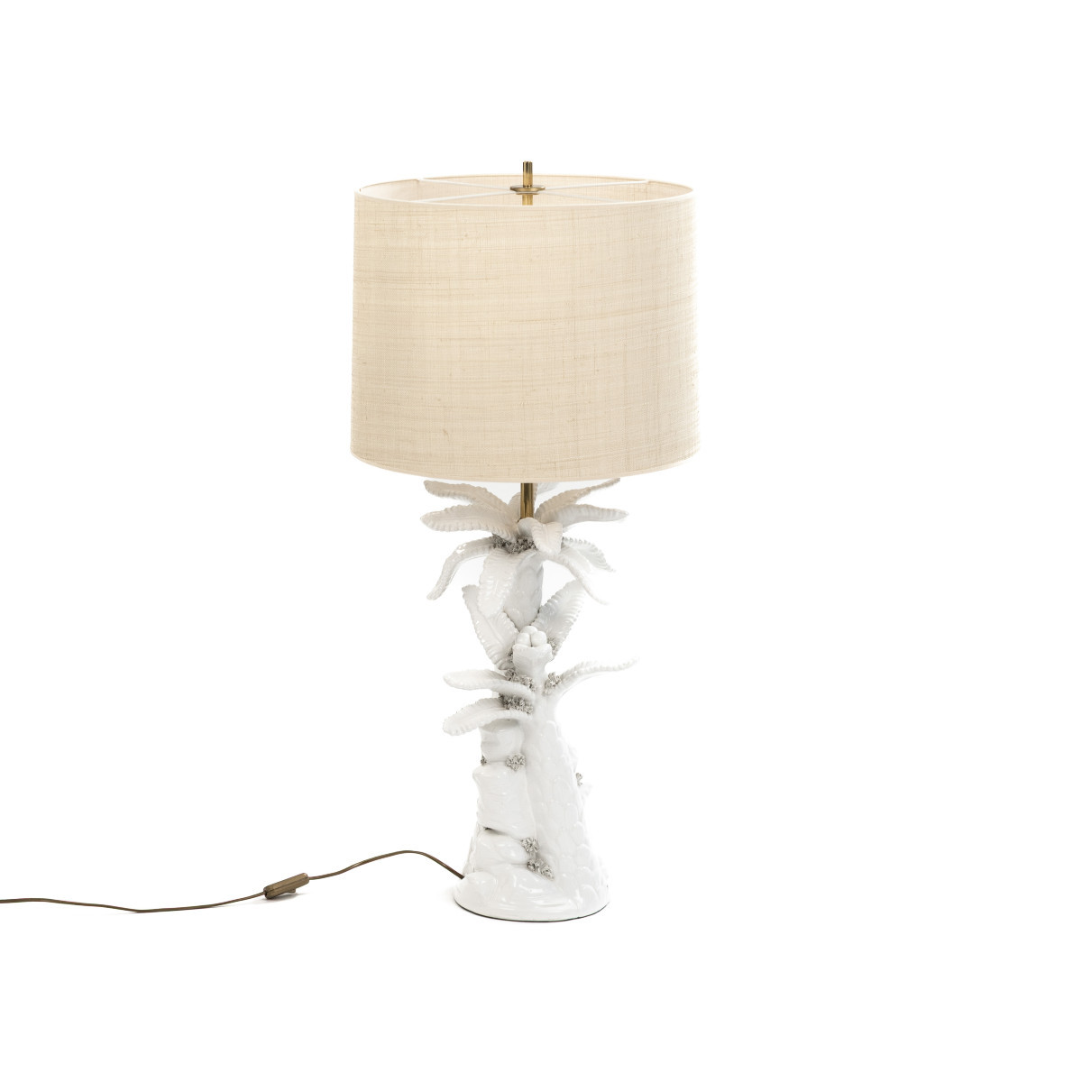 Mid-century French "palmier Blanc" Ceramic Table Lamp With Raffia Shade, 1970s-photo-3