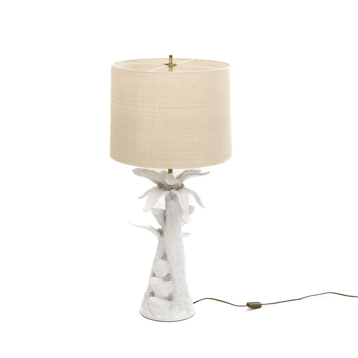 Mid-century French "palmier Blanc" Ceramic Table Lamp With Raffia Shade, 1970s-photo-4