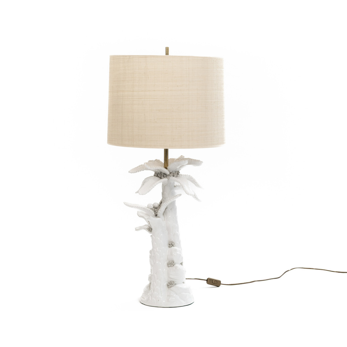 Mid-century French "palmier Blanc" Ceramic Table Lamp With Raffia Shade, 1970s-photo-1
