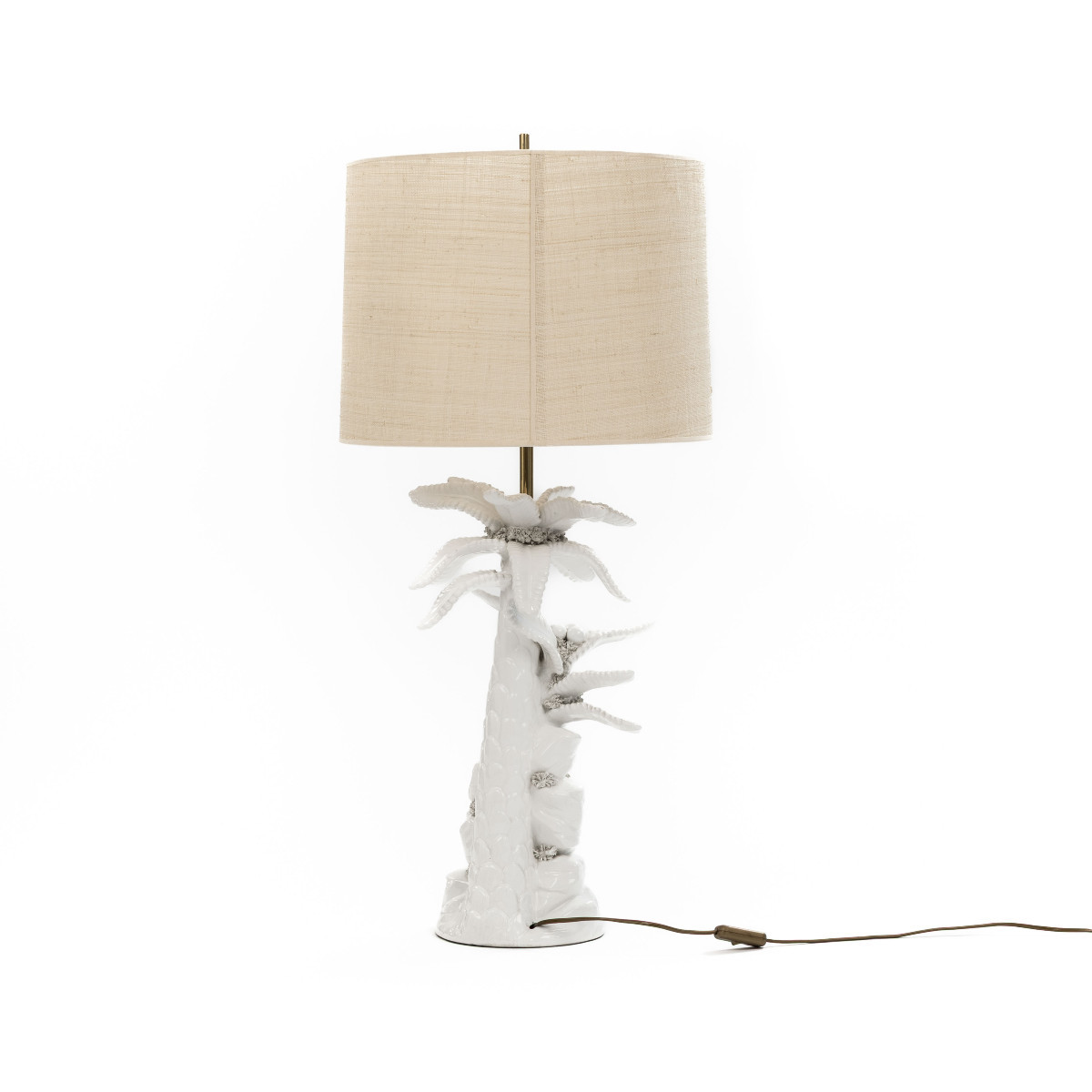 Mid-century French "palmier Blanc" Ceramic Table Lamp With Raffia Shade, 1970s-photo-2