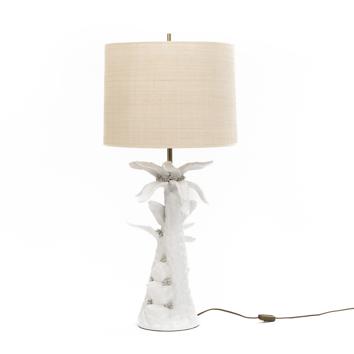 Mid-century French "palmier Blanc" Ceramic Table Lamp With Raffia Shade, 1970s