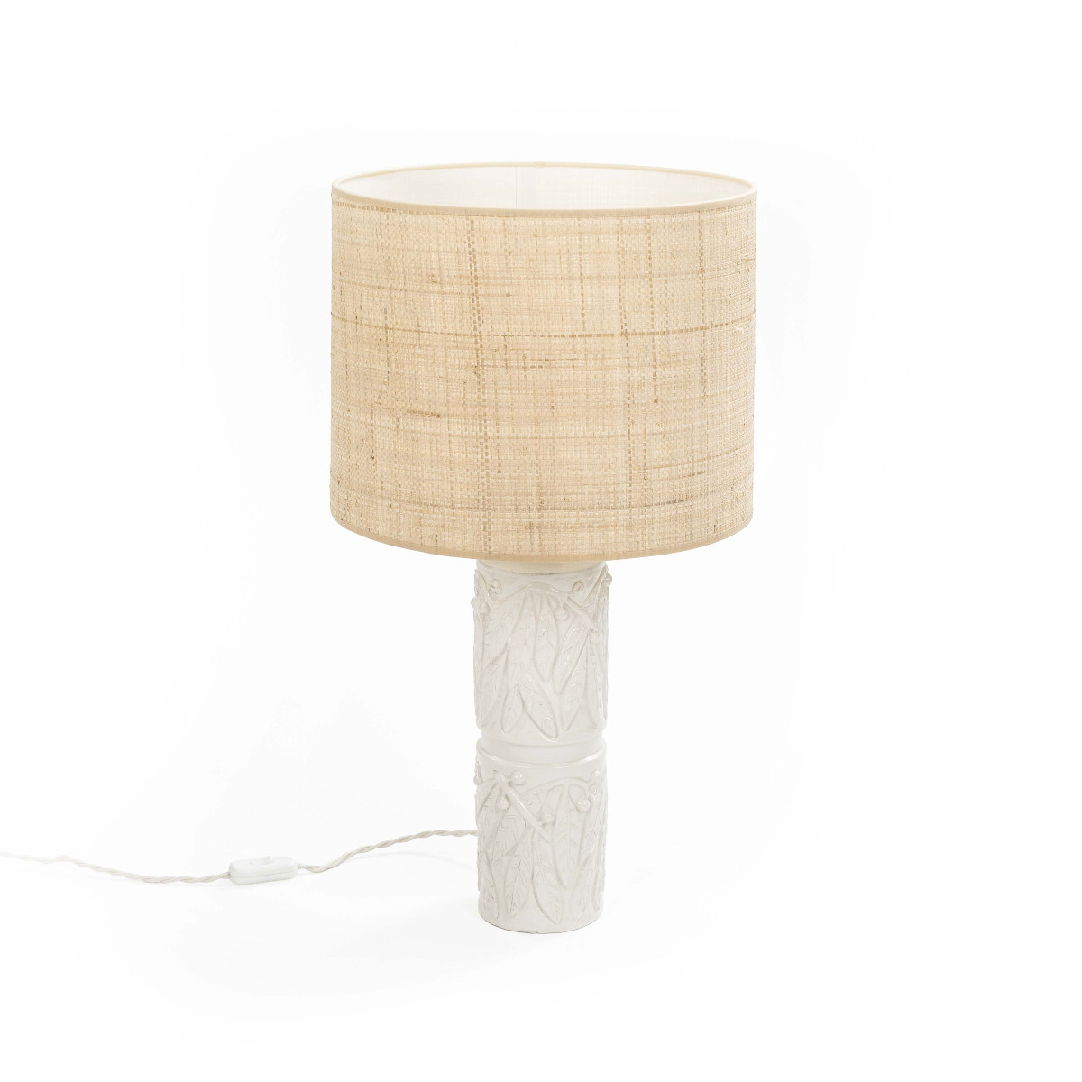 Mid-century Italian Glazed Ceramic Table Lamp With Beige Raffia Shade, 1960s-photo-3