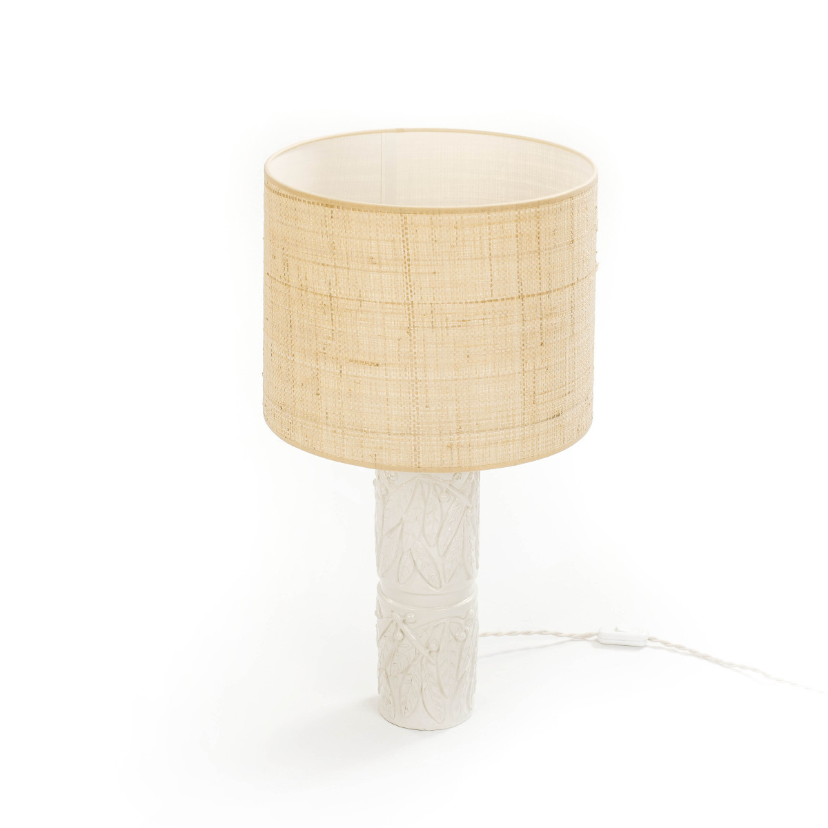 Mid-century Italian Glazed Ceramic Table Lamp With Beige Raffia Shade, 1960s-photo-4