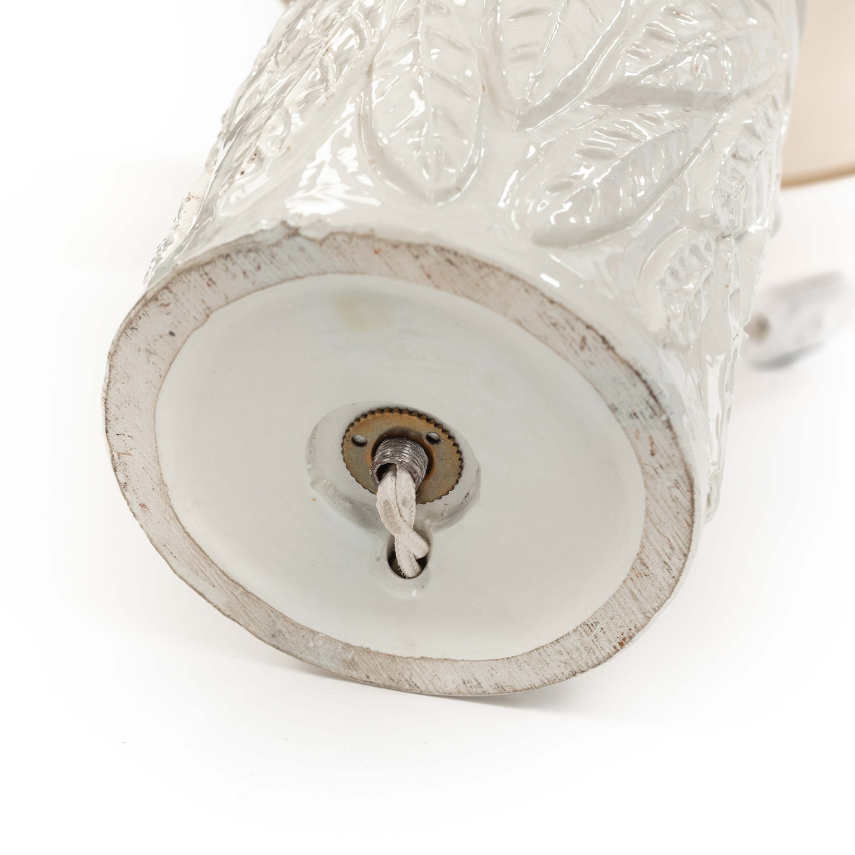 Mid-century Italian Glazed Ceramic Table Lamp With Beige Raffia Shade, 1960s-photo-6