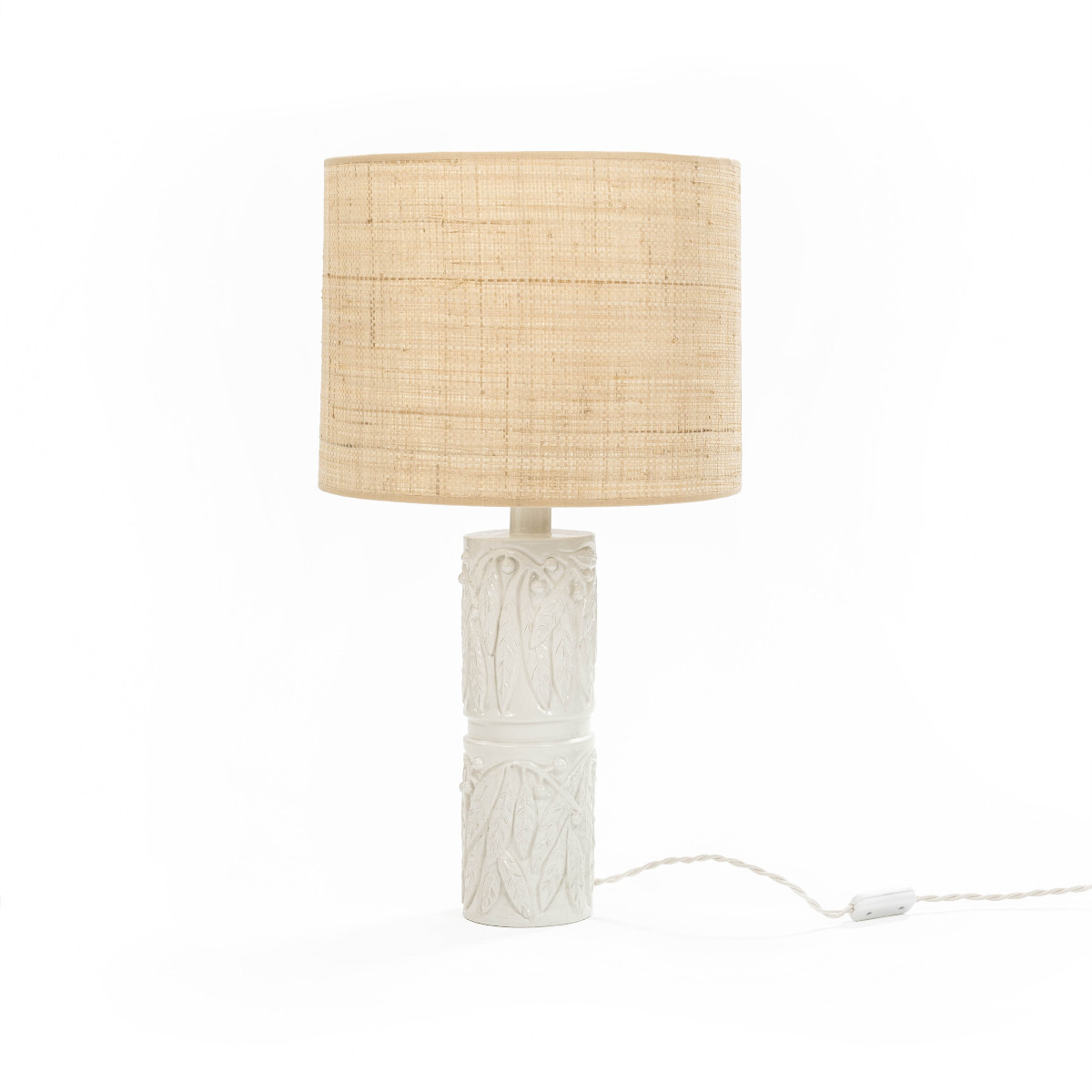 Mid-century Italian Glazed Ceramic Table Lamp With Beige Raffia Shade, 1960s