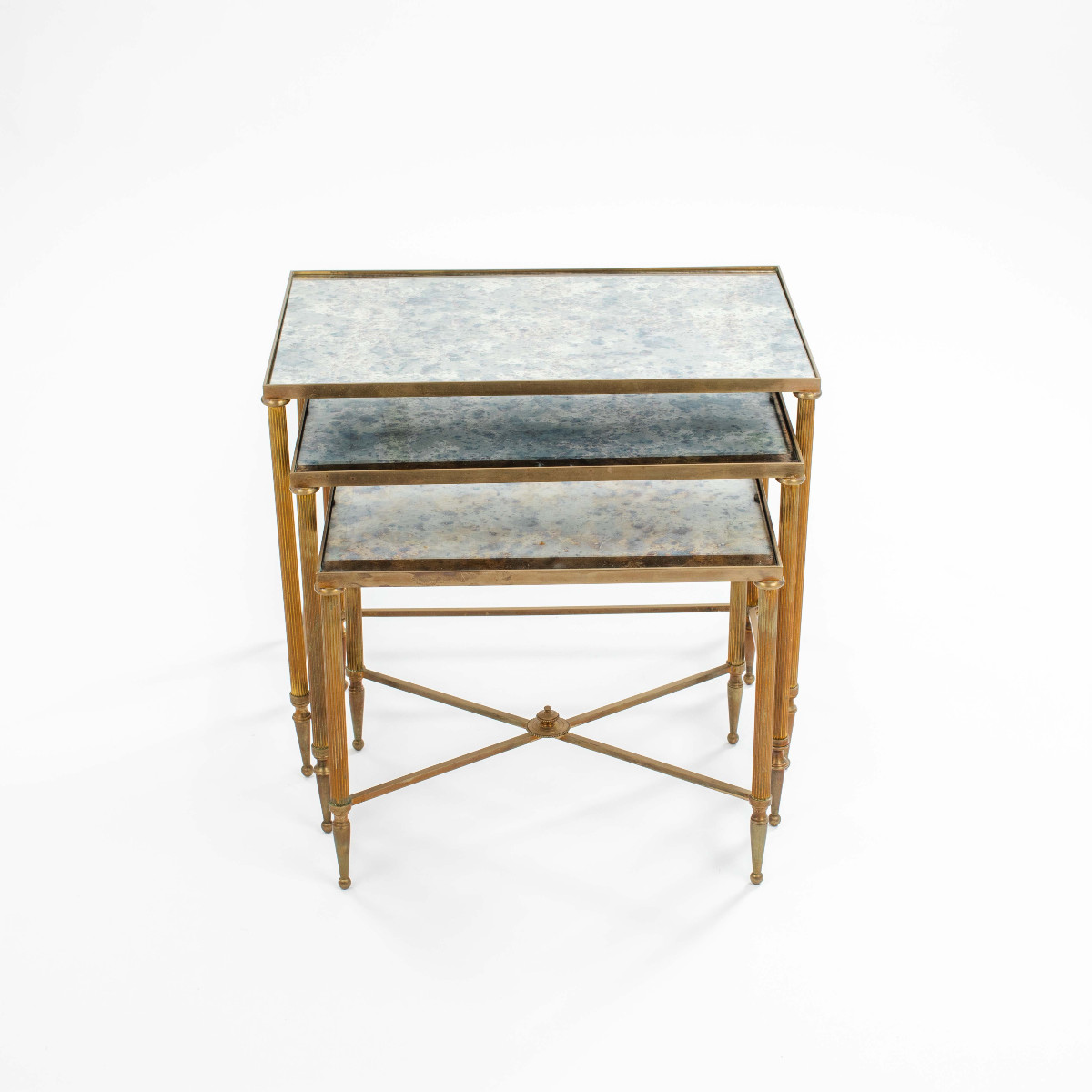 Ensemble de tables gigognes en laiton avec plateau en verre marbré miroir, années 1960-photo-1