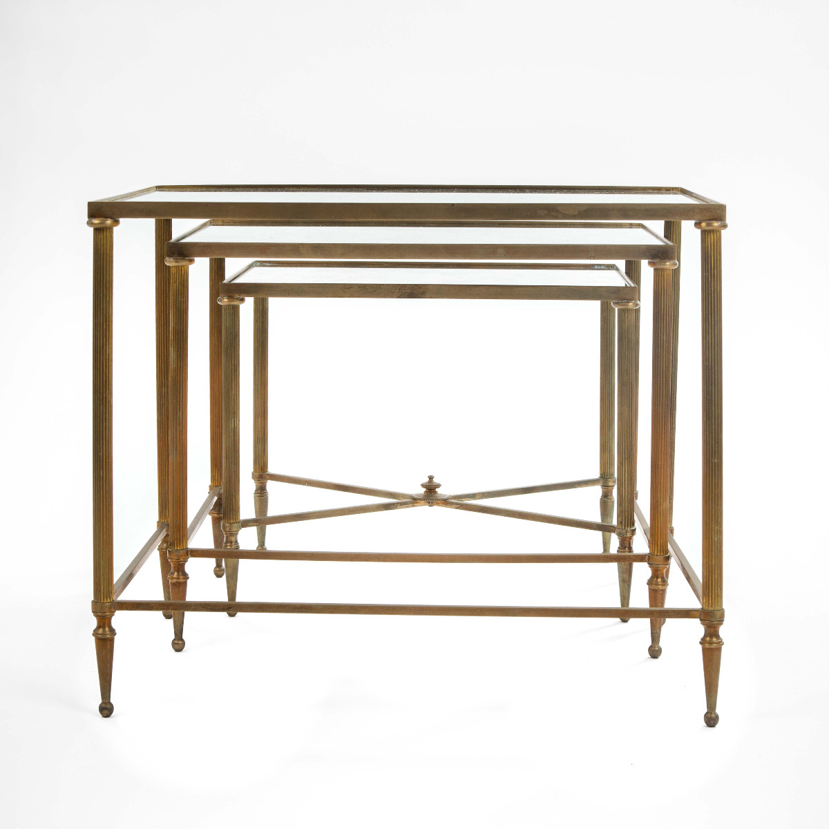 Ensemble de tables gigognes en laiton avec plateau en verre marbré miroir, années 1960-photo-6