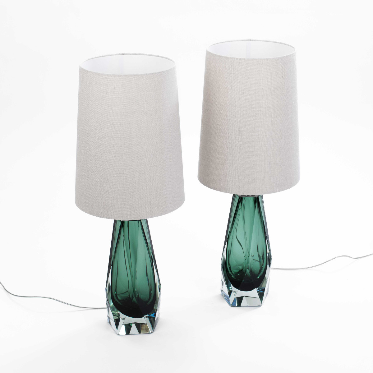 Paire de lampes de table modernes italiennes en verre de Murano vert forêt, à facettes-photo-2