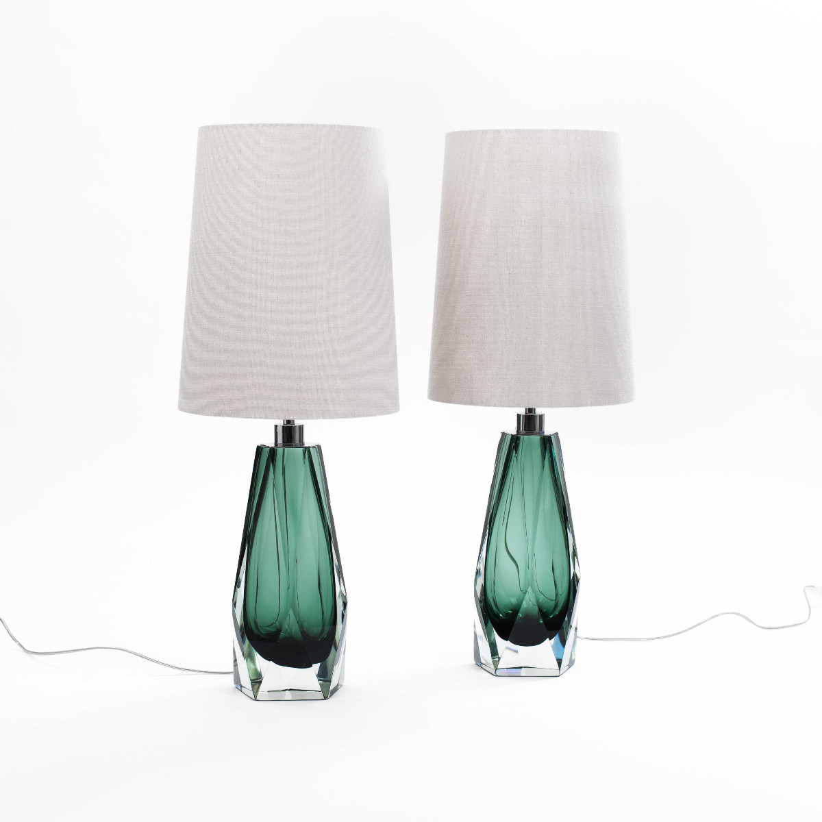 Paire de lampes de table modernes italiennes en verre de Murano vert forêt, à facettes-photo-4