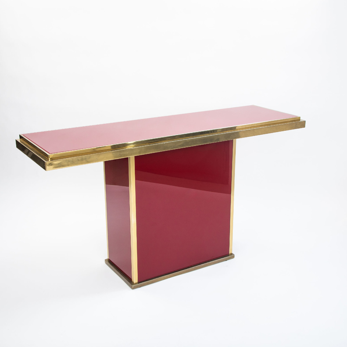 Sleek French Console In Oxblood-colored Glass And Brass, 1970s-photo-2