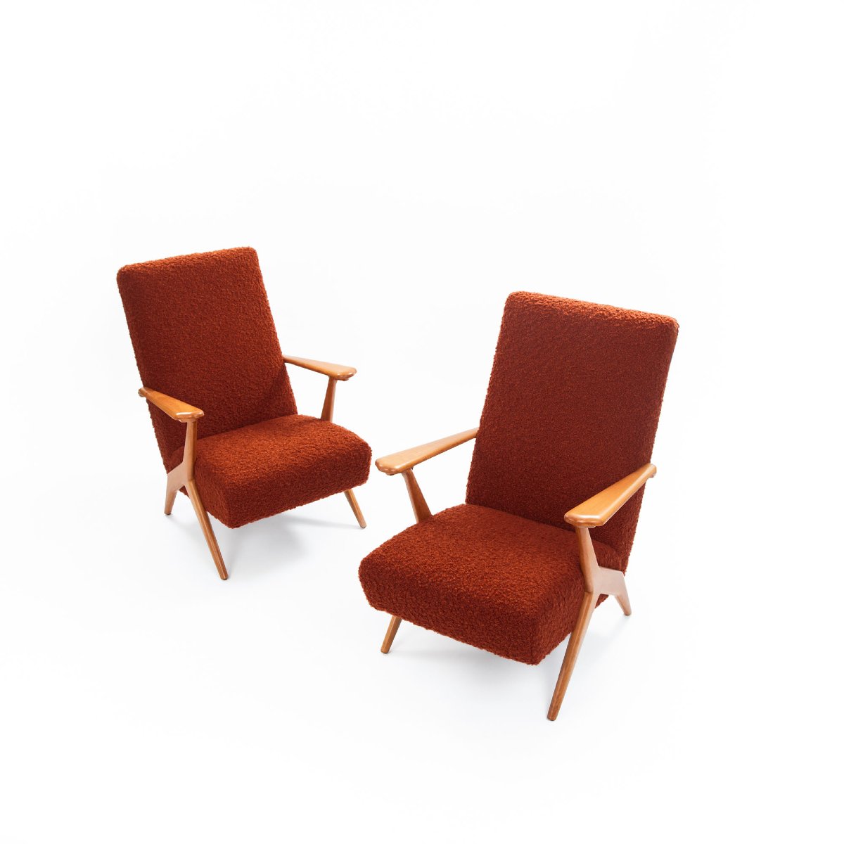 Paire de fauteuils italiens excentriques du milieu du siècle, en hêtre et bouclé rouge-photo-4
