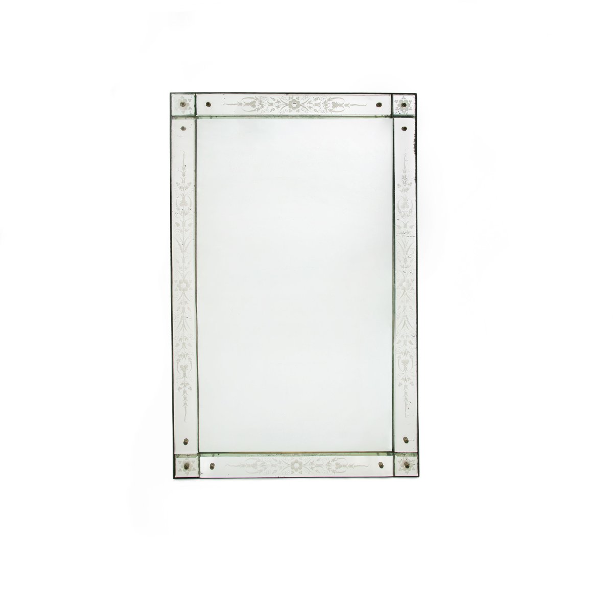 Grand miroir vénitien Art déco avec gravures florales et boutons en laiton, Italie, années 1930
