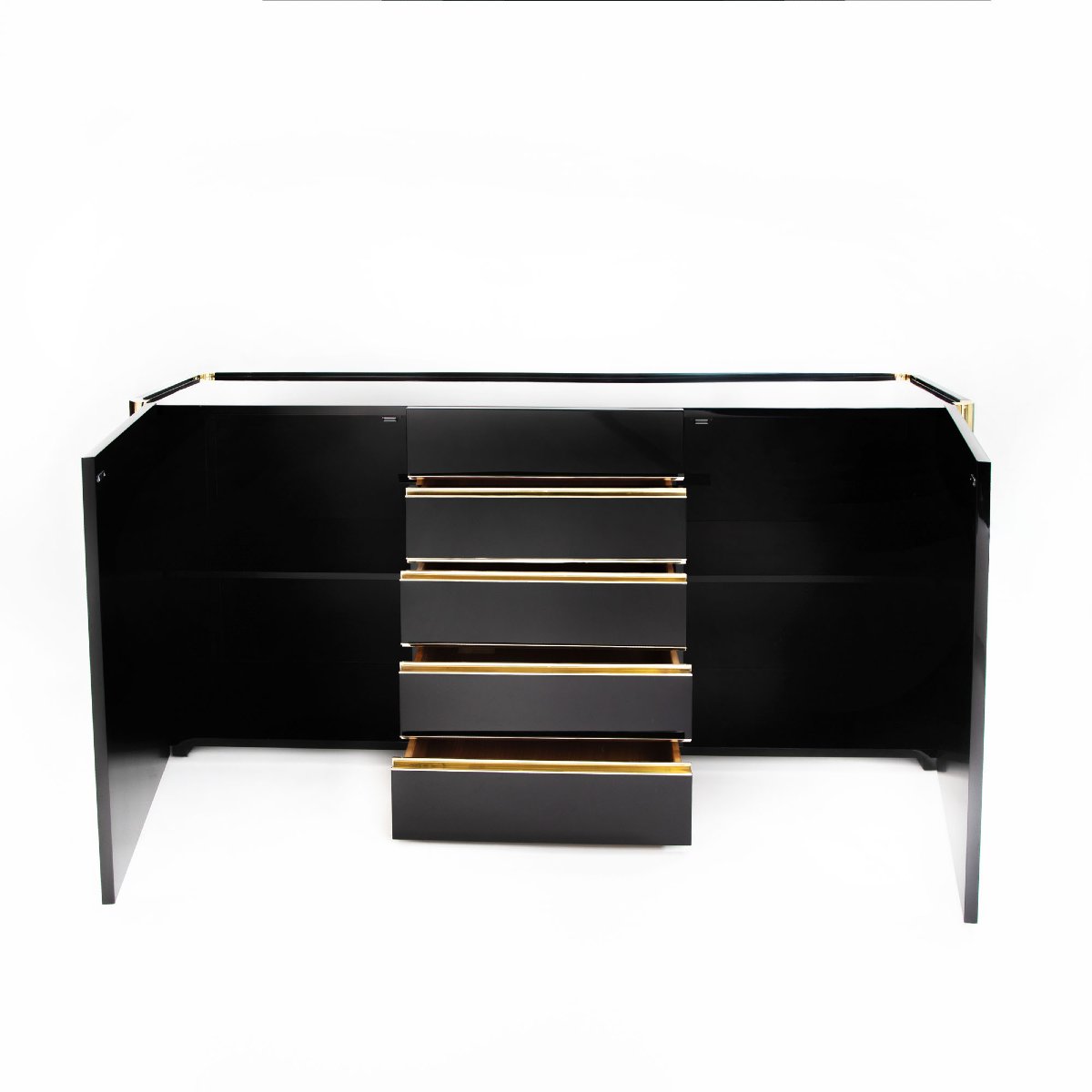 Mid-century Italian-style Sideboard, Black High-gloss Finish—brass Accents, By Mario Sabo-photo-3