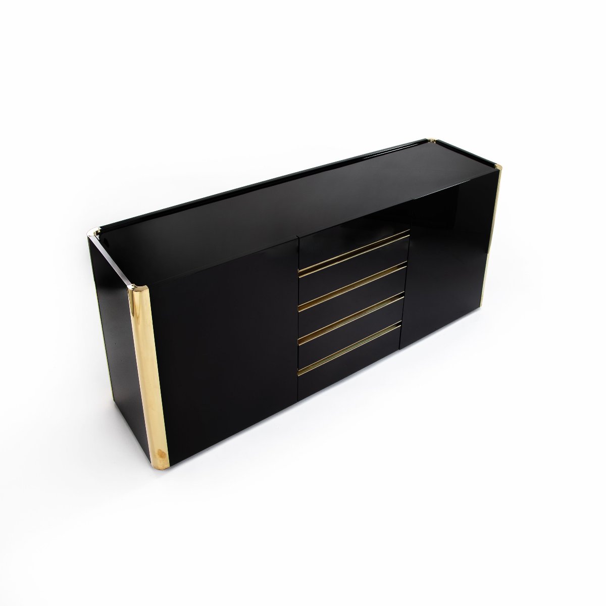 Mid-century Italian-style Sideboard, Black High-gloss Finish—brass Accents, By Mario Sabo-photo-4
