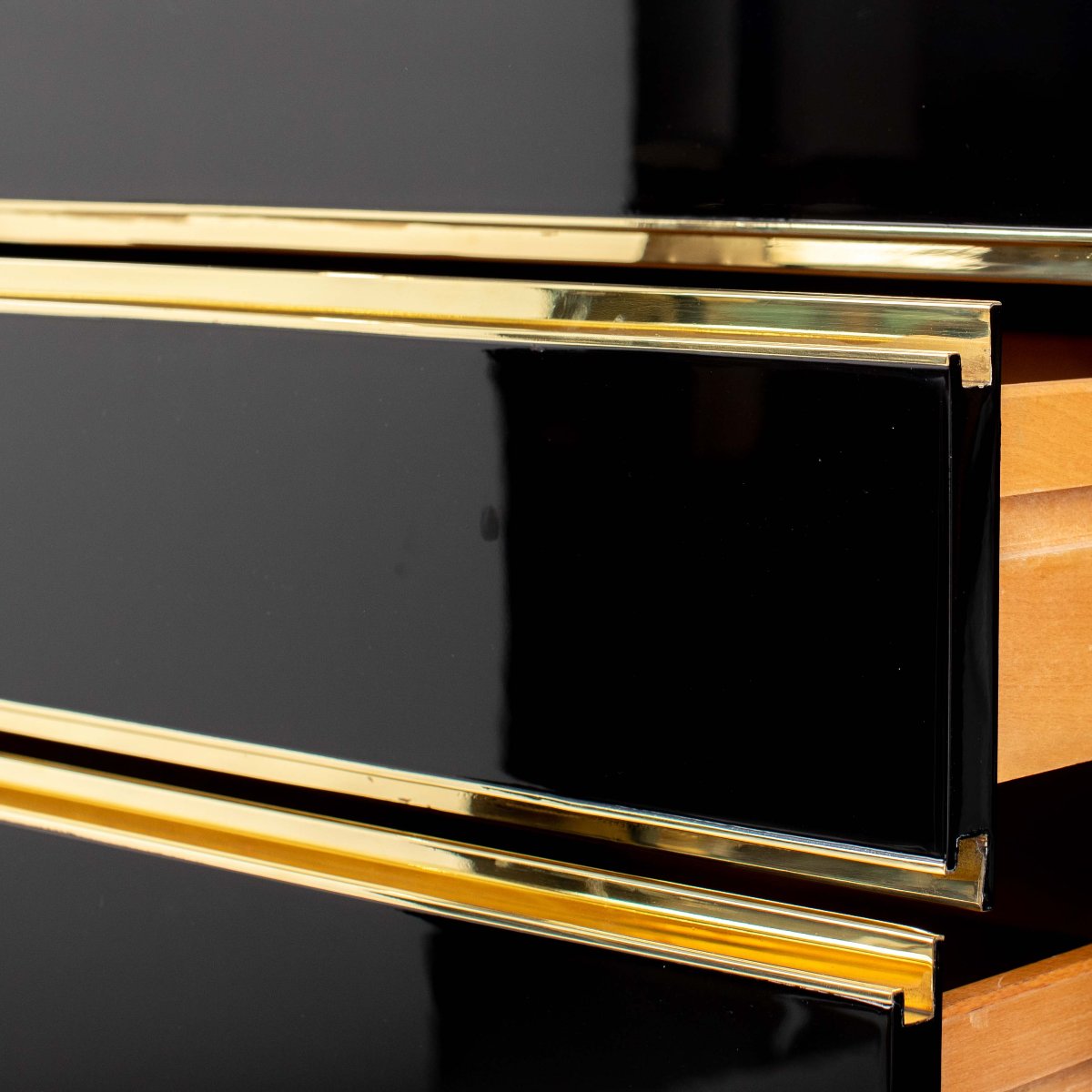 Mid-century Italian-style Sideboard, Black High-gloss Finish—brass Accents, By Mario Sabo-photo-6