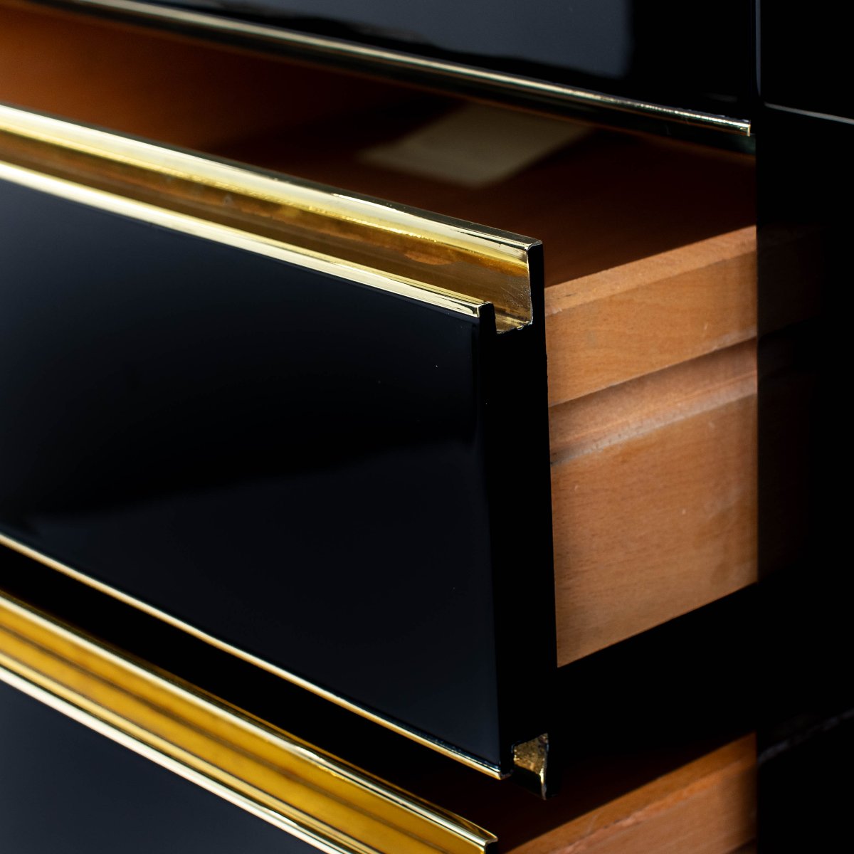 Mid-century Italian-style Sideboard, Black High-gloss Finish—brass Accents, By Mario Sabo-photo-7