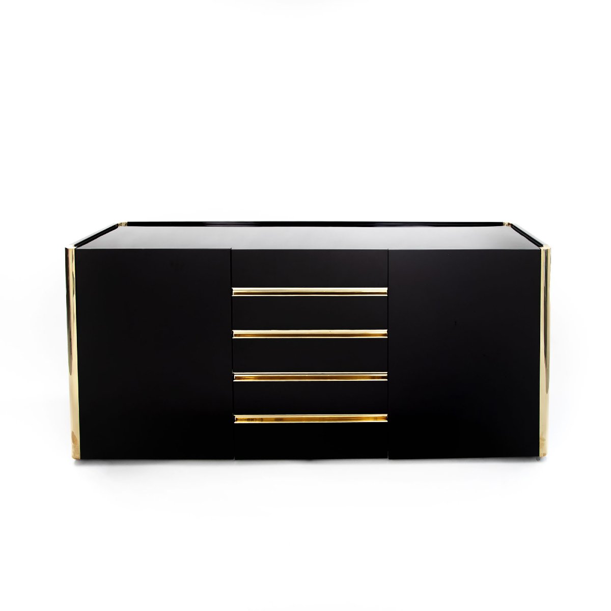 Mid-century Italian-style Sideboard, Black High-gloss Finish—brass Accents, By Mario Sabo