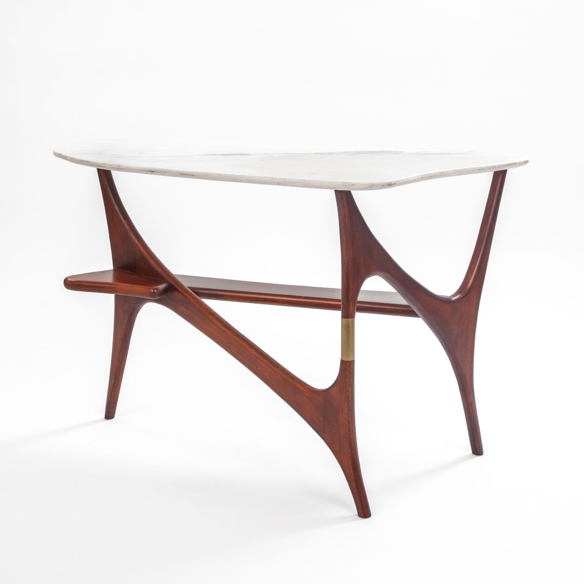 Table basse italienne unique du milieu du siècle, en bois de rose, marbre et laiton-photo-2