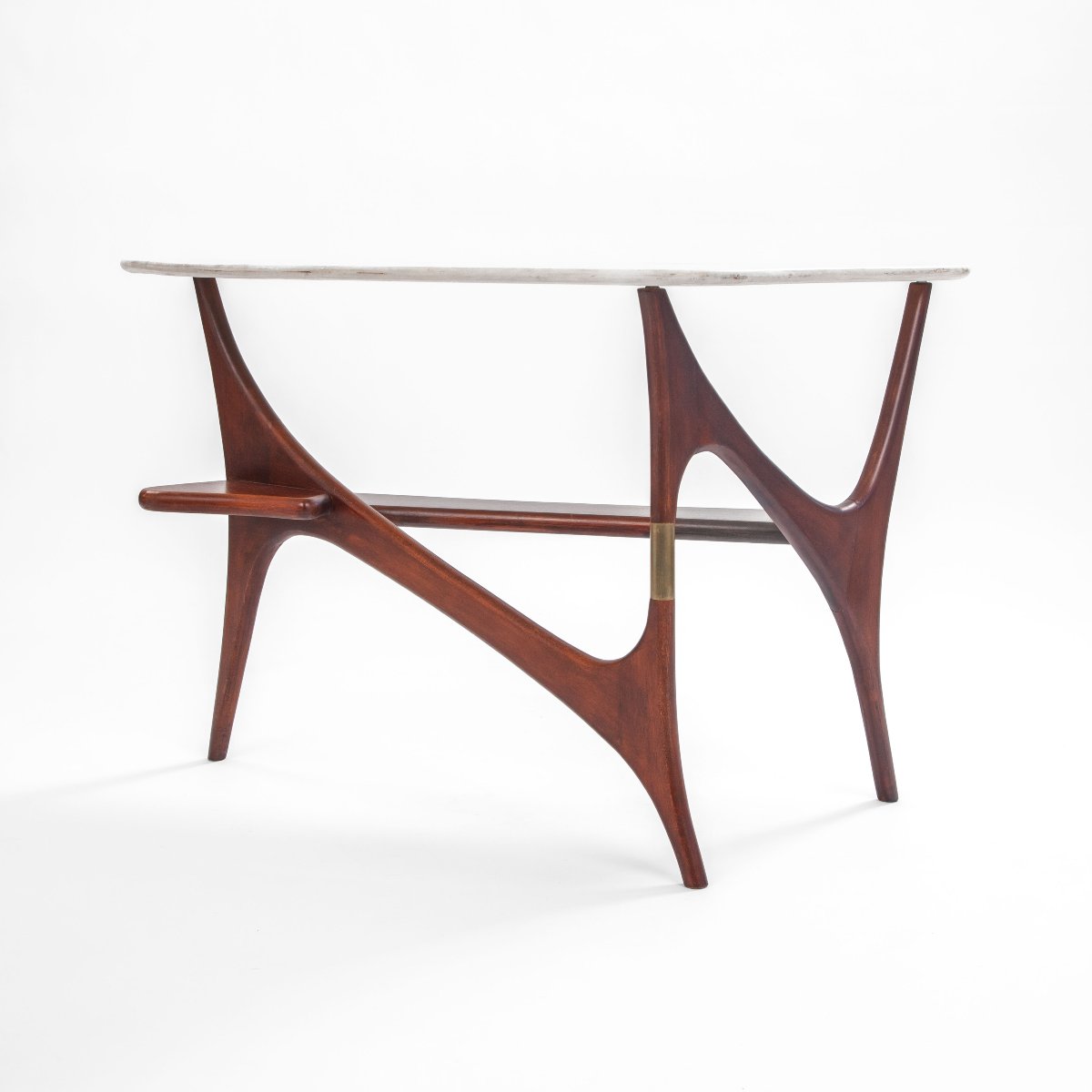 Table basse italienne unique du milieu du siècle, en bois de rose, marbre et laiton-photo-3