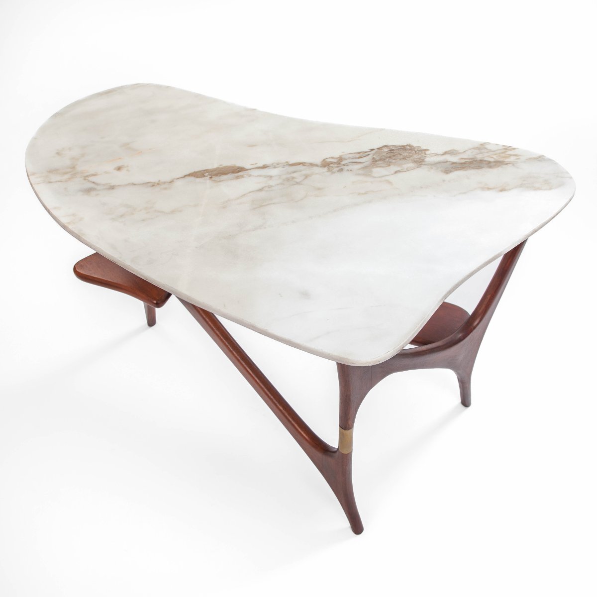 Table basse italienne unique du milieu du siècle, en bois de rose, marbre et laiton-photo-4