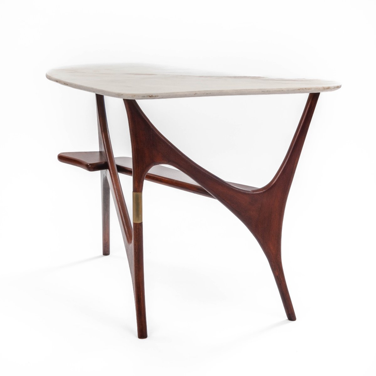 Table basse italienne unique du milieu du siècle, en bois de rose, marbre et laiton-photo-1