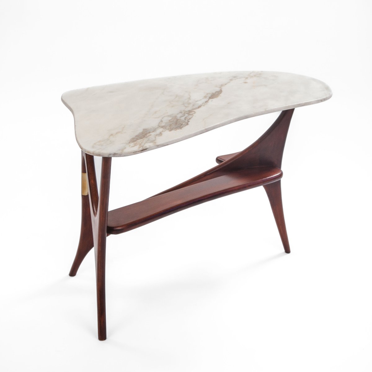 Table basse italienne unique du milieu du siècle, en bois de rose, marbre et laiton-photo-3