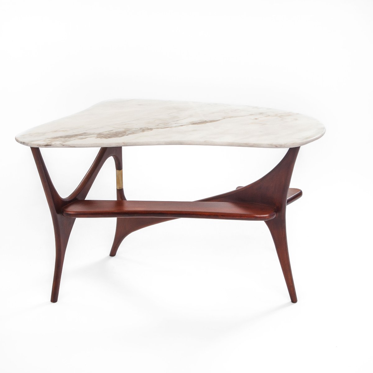 Table basse italienne unique du milieu du siècle, en bois de rose, marbre et laiton-photo-4