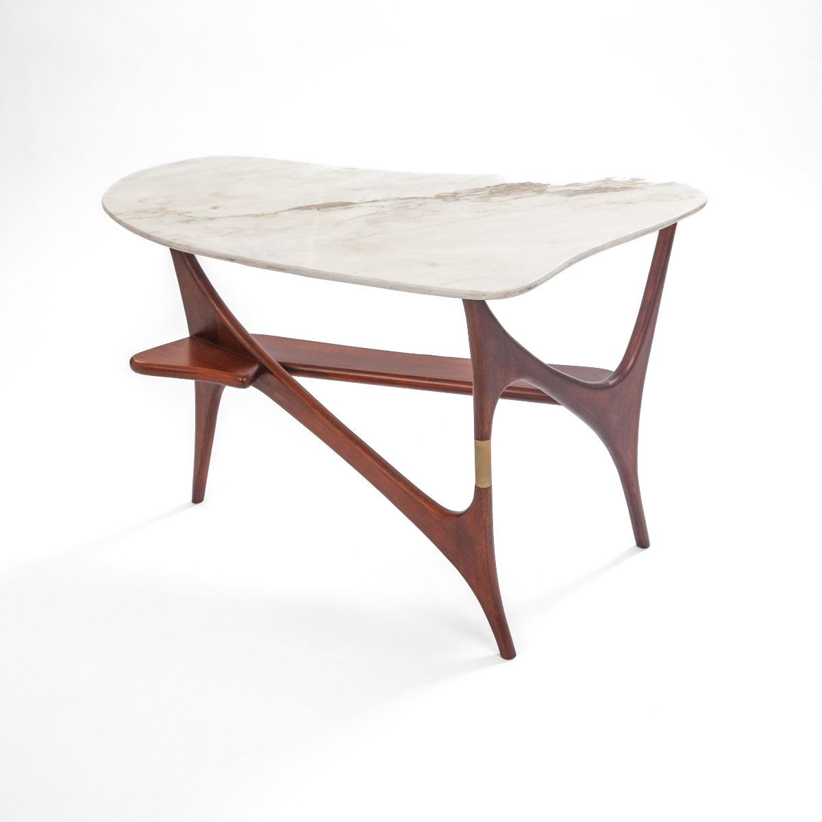 Table basse italienne unique du milieu du siècle, en bois de rose, marbre et laiton