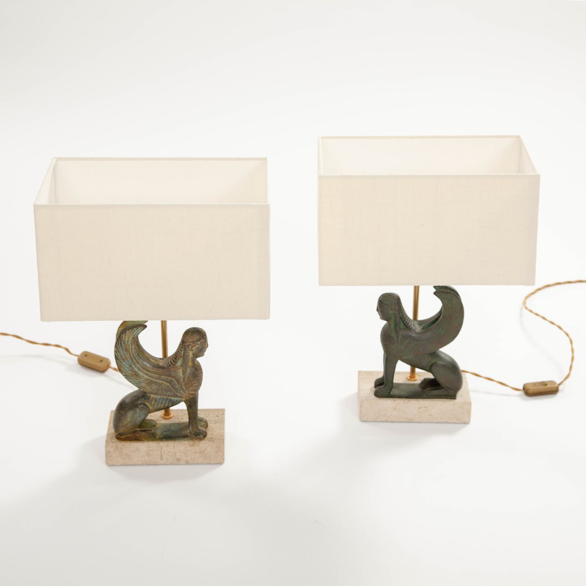 Paire de lampes de table françaises « Sphinx » du milieu du siècle, en terre cuite -photo-4
