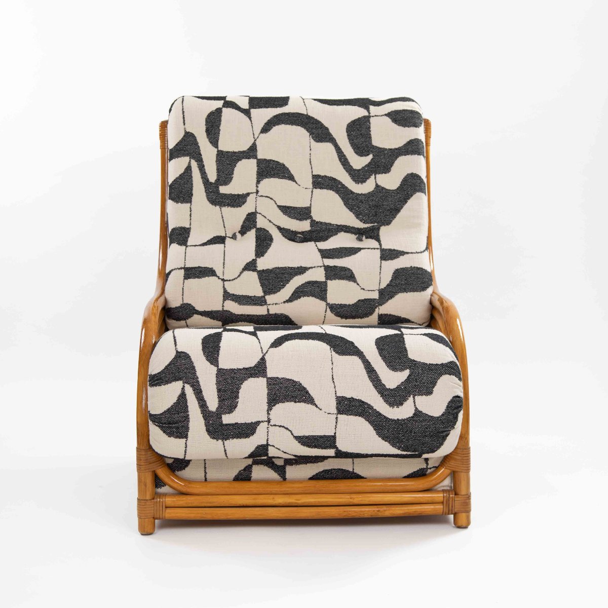 Fauteuil de détente en rotin du milieu du siècle, avec garniture en cuir, Maugrion 1968-photo-3
