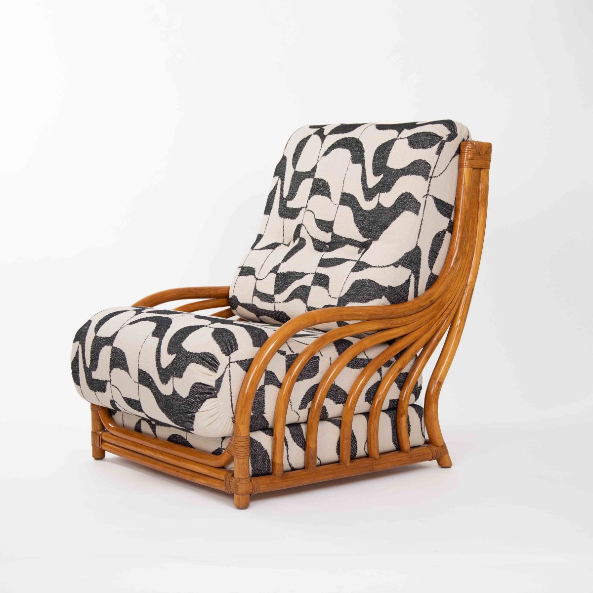 Fauteuil de détente en rotin du milieu du siècle, avec garniture en cuir, Maugrion 1968-photo-1