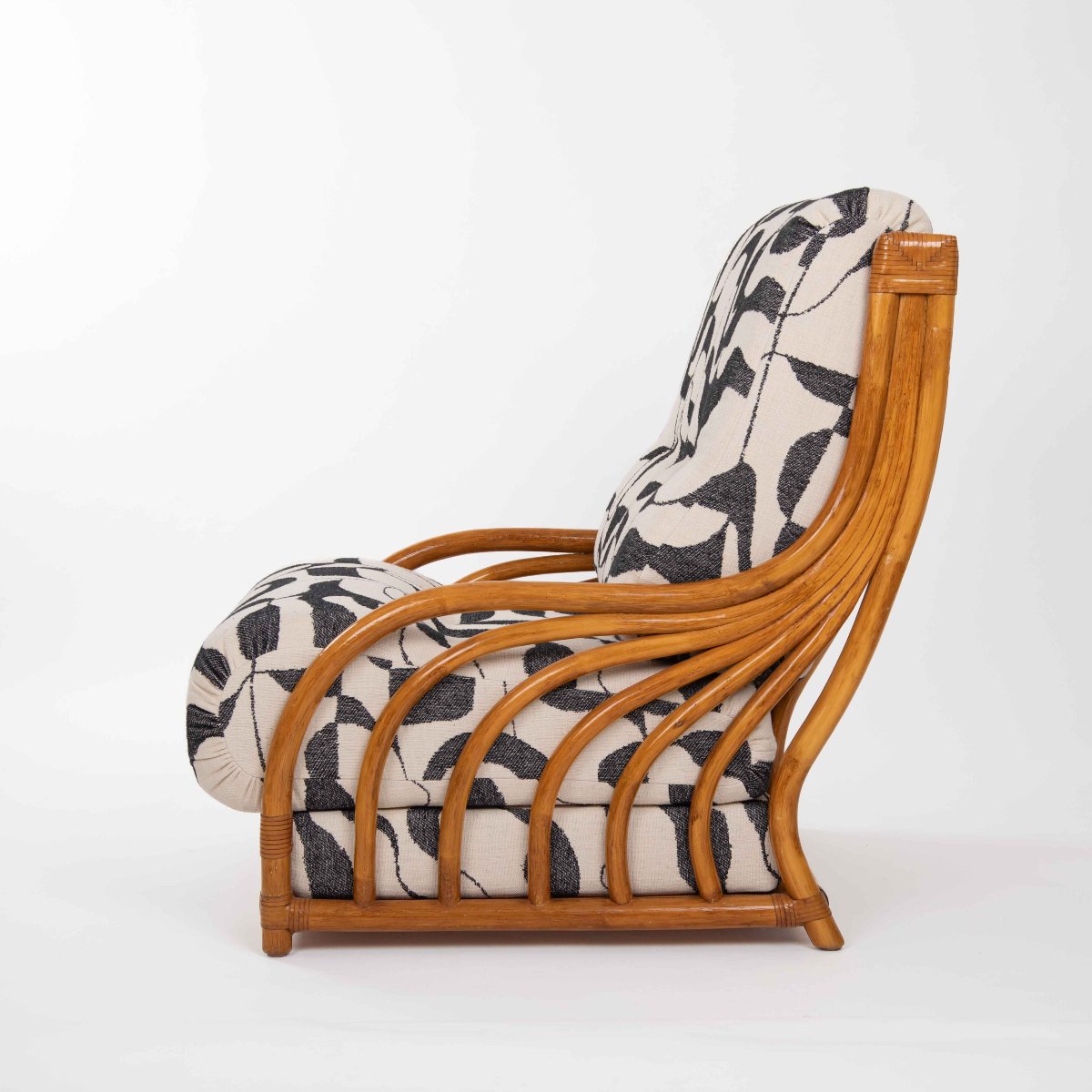 Fauteuil de détente en rotin du milieu du siècle, avec garniture en cuir, Maugrion 1968-photo-2