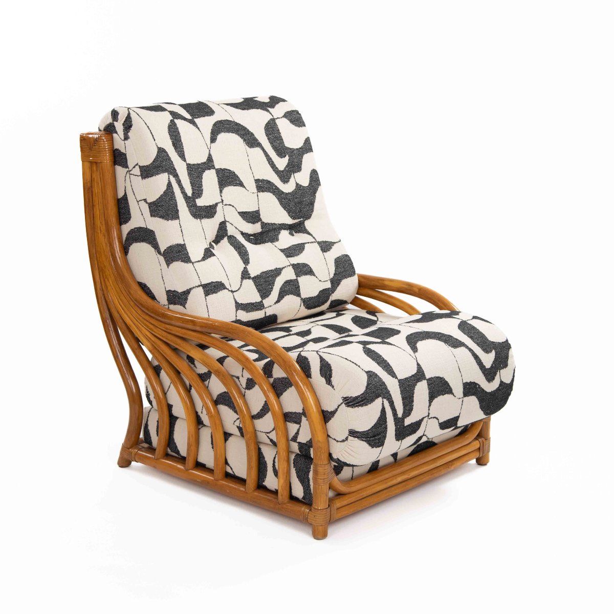 Fauteuil de détente en rotin du milieu du siècle, avec garniture en cuir, Maugrion 1968