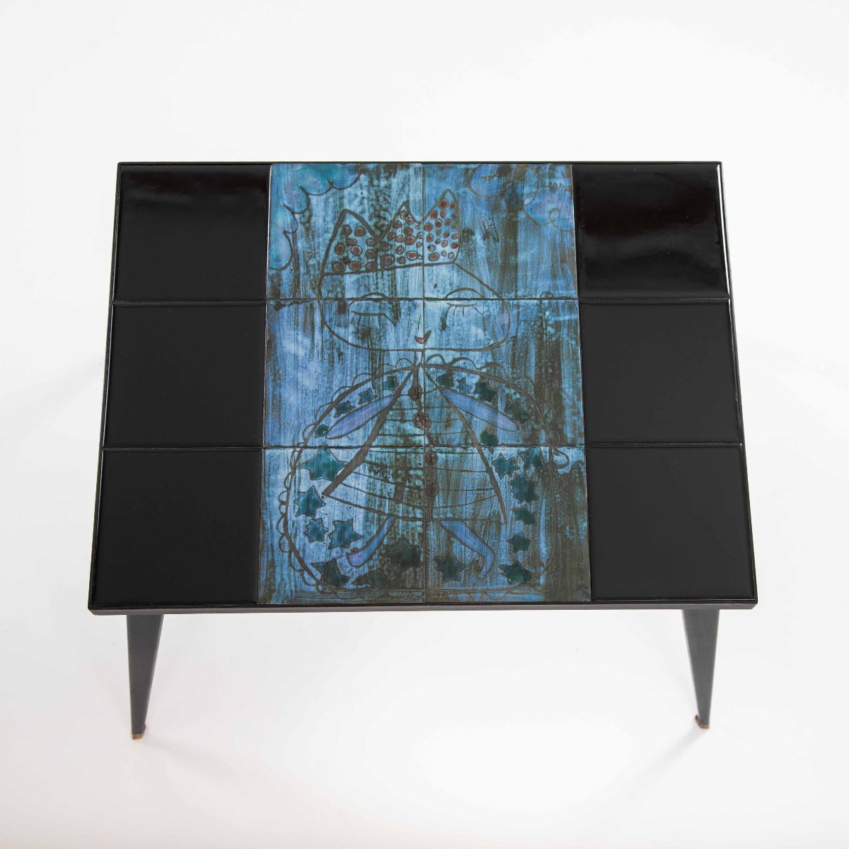 Gueridon décorative en carreaux « Sputnik » du milieu du siècle, turquoise et noire-photo-2