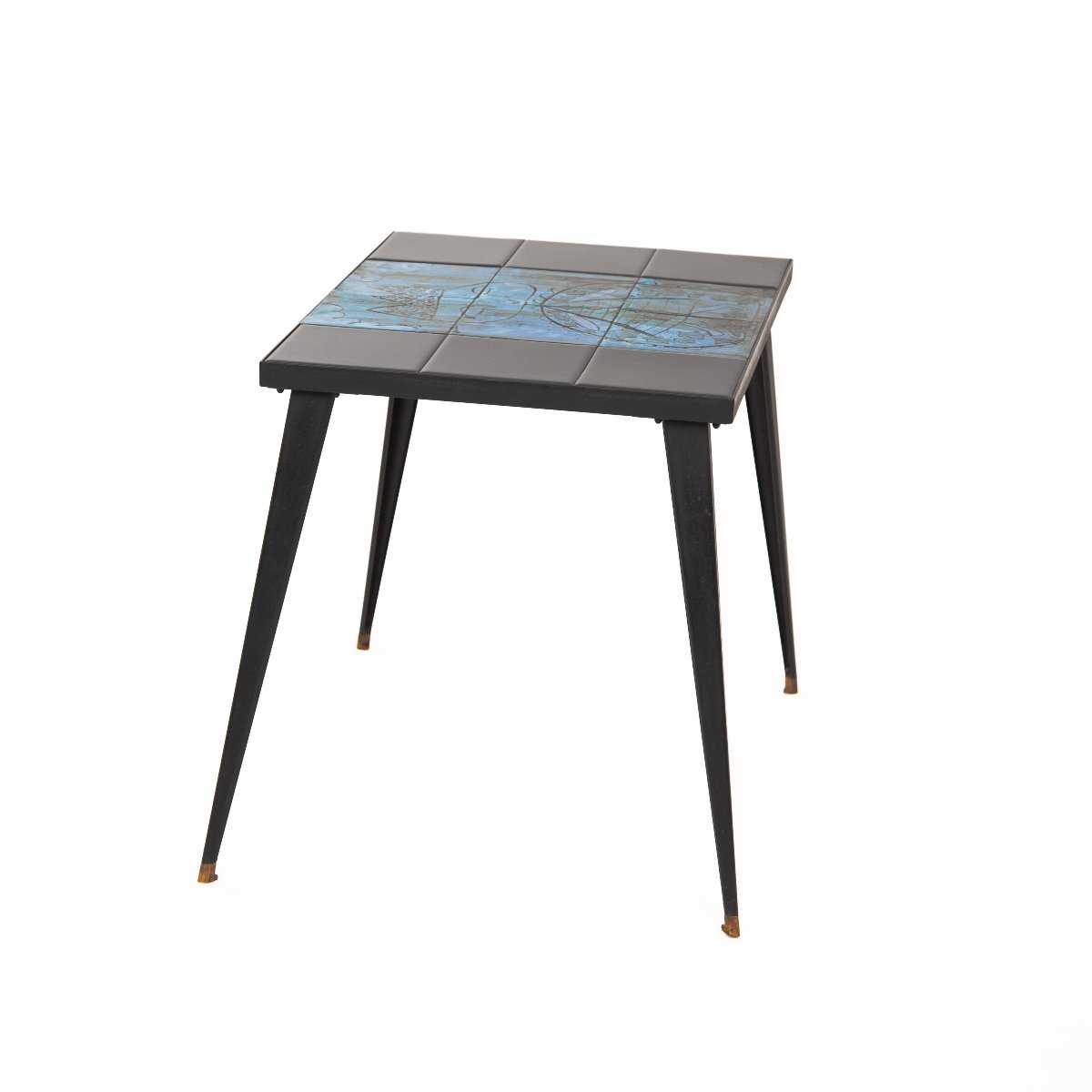 Gueridon décorative en carreaux « Sputnik » du milieu du siècle, turquoise et noire-photo-3