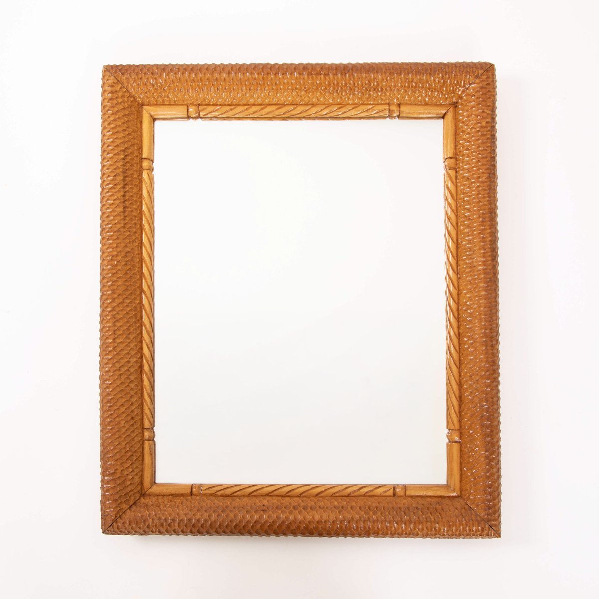 French Mid-century Rectangular Mirror, Adorned With Intricate Honeycomb Carvings, 1960s