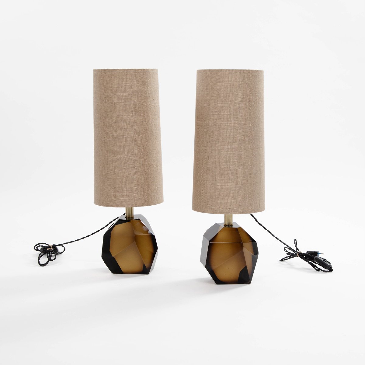 Pair Of Facetted Italian Murano Glass Table Lamps, Tobacco-colored, Signed-photo-3