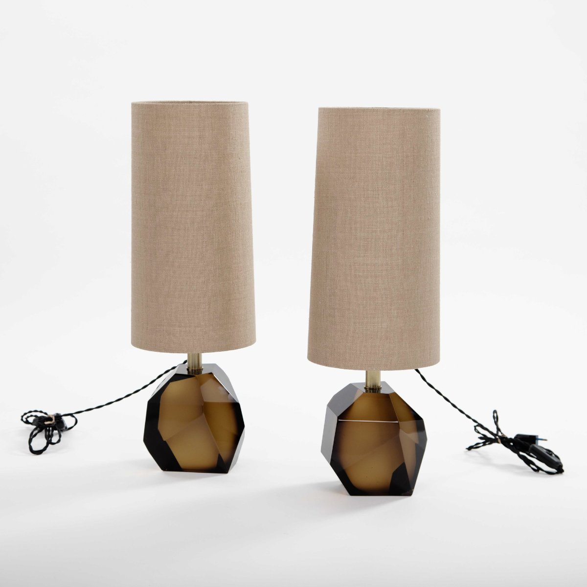 Pair Of Facetted Italian Murano Glass Table Lamps, Tobacco-colored, Signed-photo-4