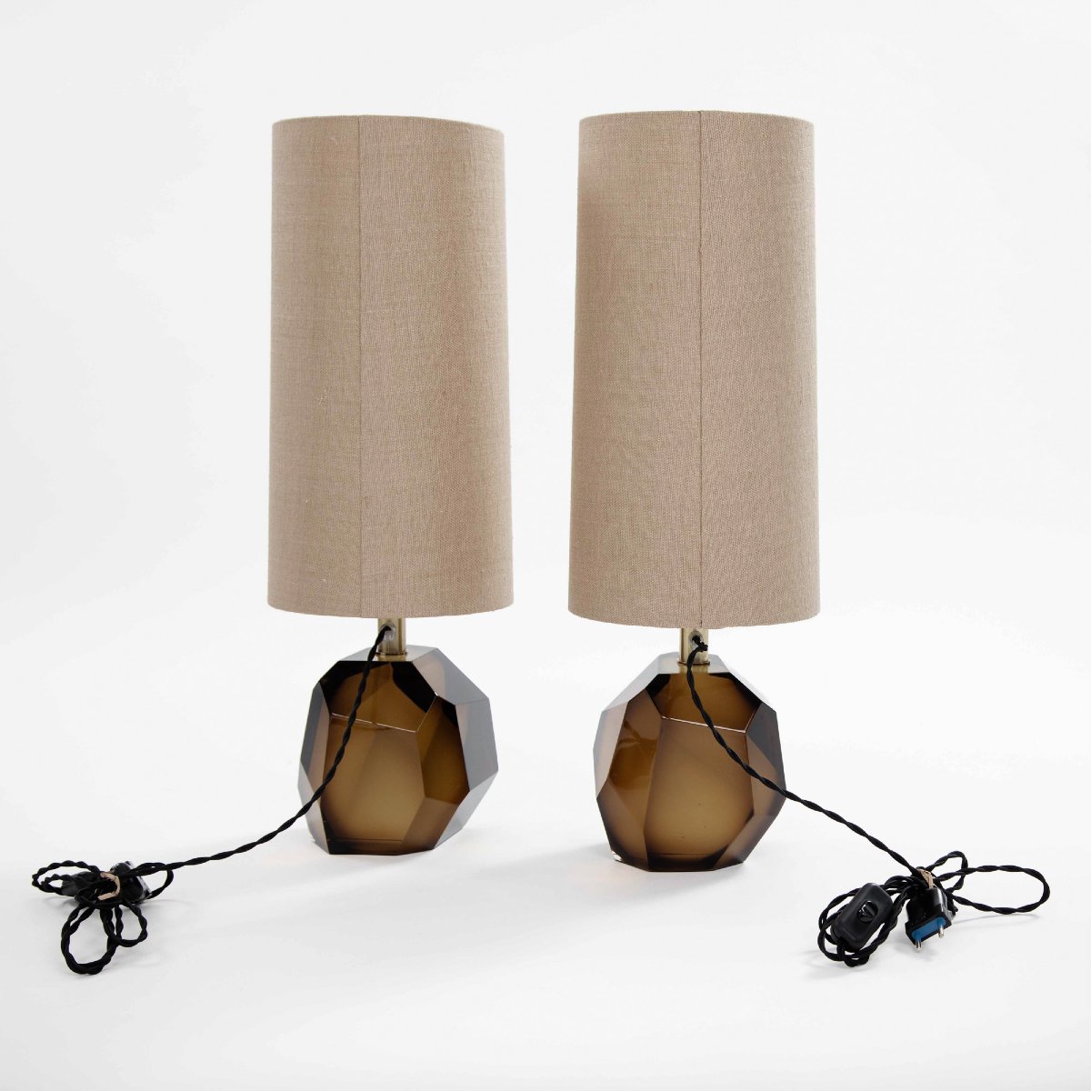 Pair Of Facetted Italian Murano Glass Table Lamps, Tobacco-colored, Signed-photo-2