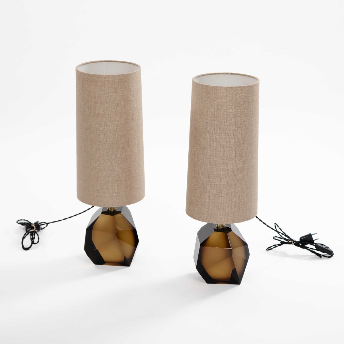 Pair Of Facetted Italian Murano Glass Table Lamps, Tobacco-colored, Signed