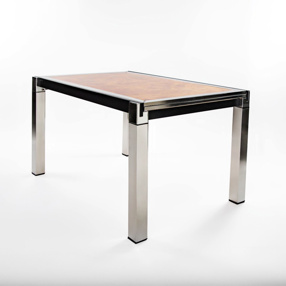 Italian Dining Table In Chrome And Burl Wood, By La Metal Arredo-photo-3