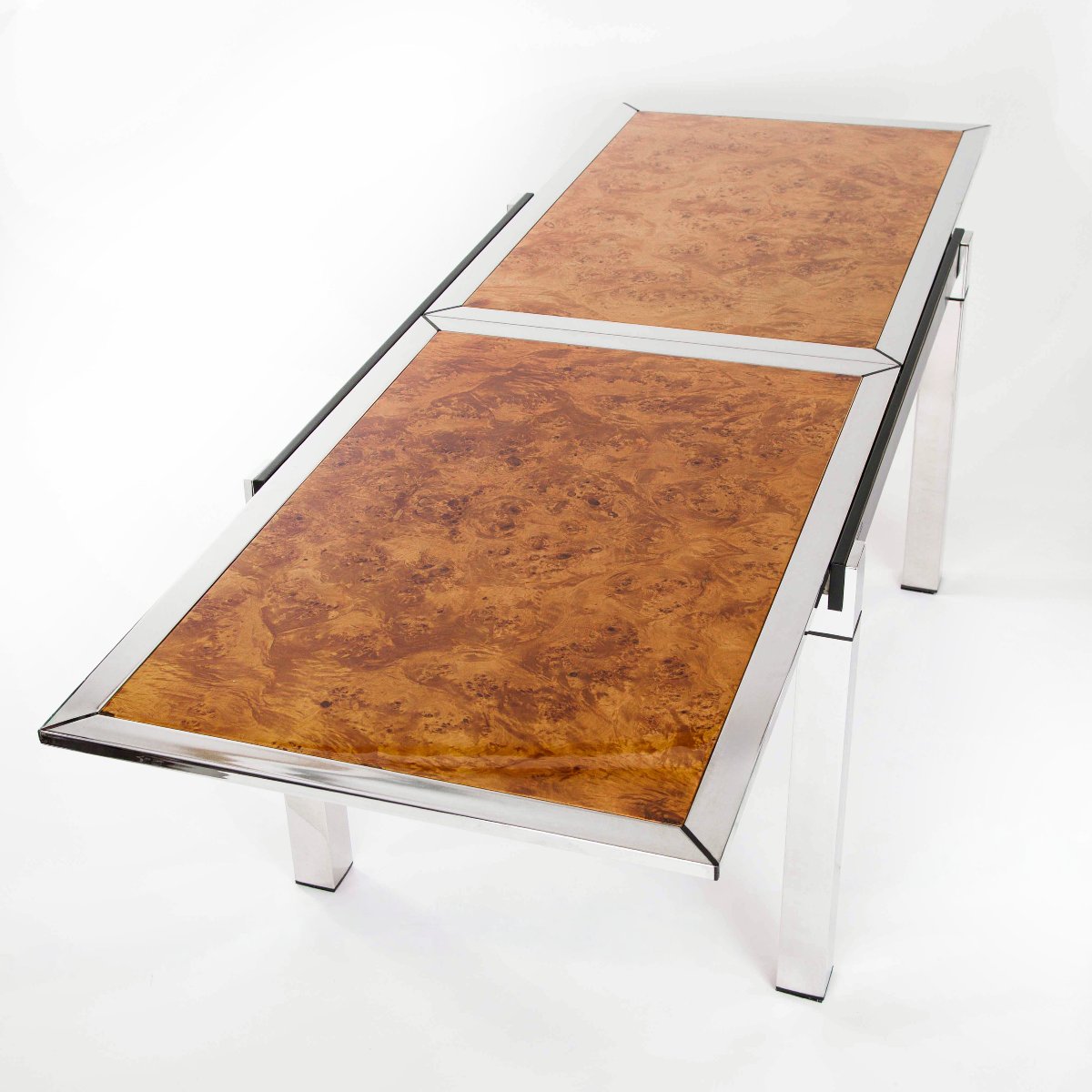 Italian Dining Table In Chrome And Burl Wood, By La Metal Arredo