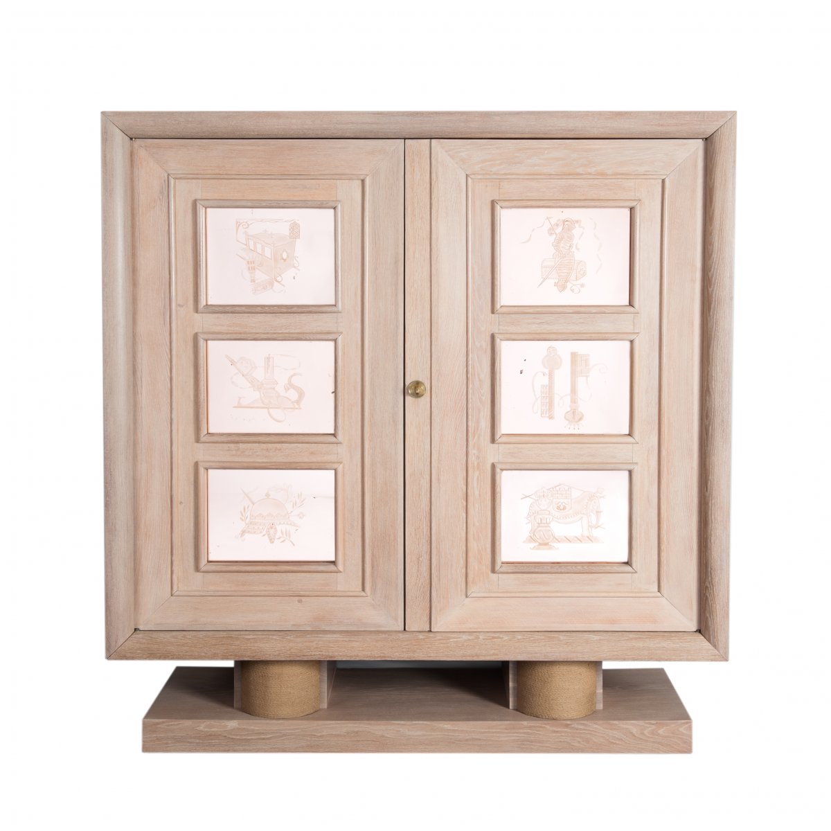 Wardrobe - Cupboard Art Déco Chene Cérusé With Rose Colored Mirror Front Decoration