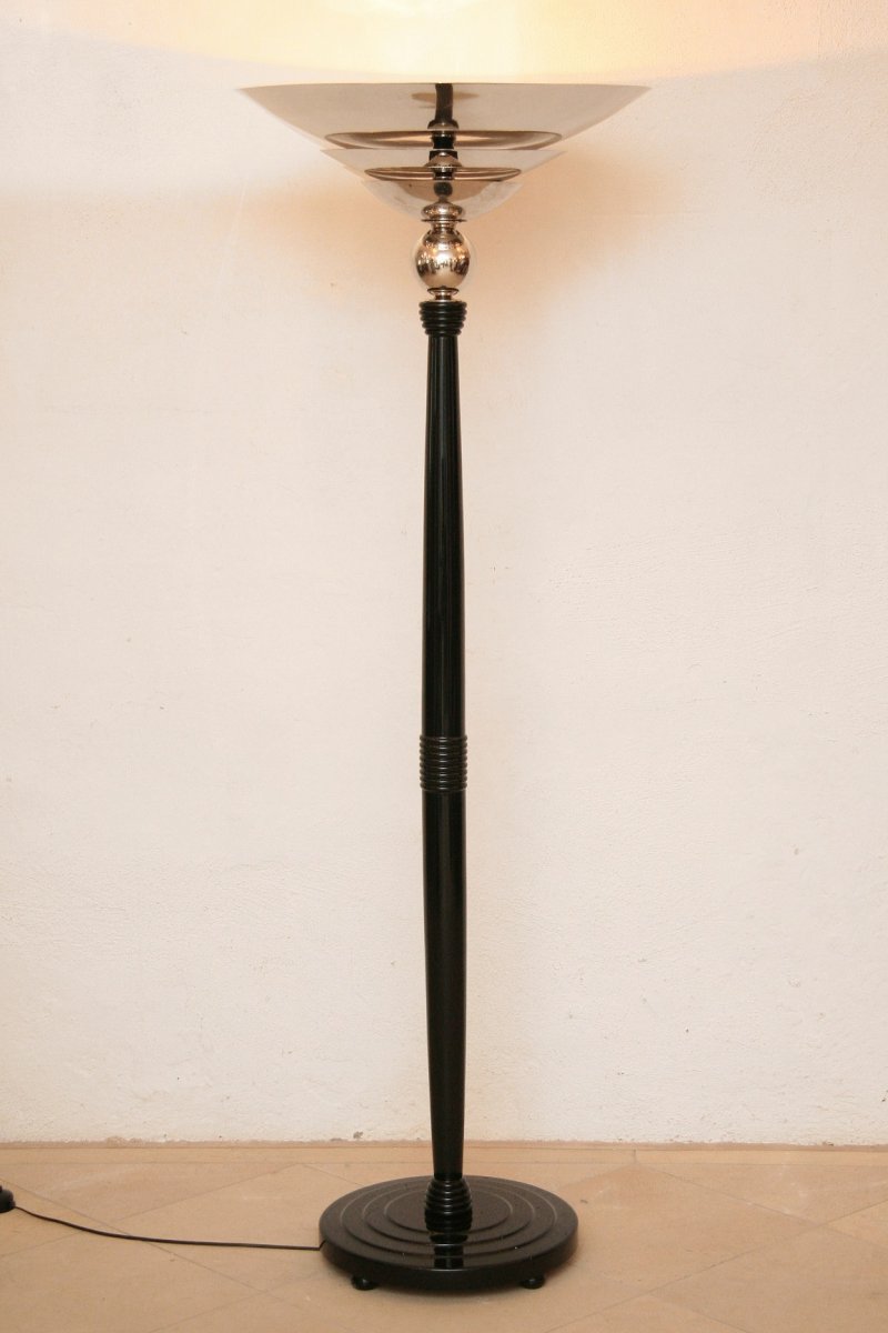 Art Deco Floor Lamp Black Lacquer, Re-nickeled Metal Parts