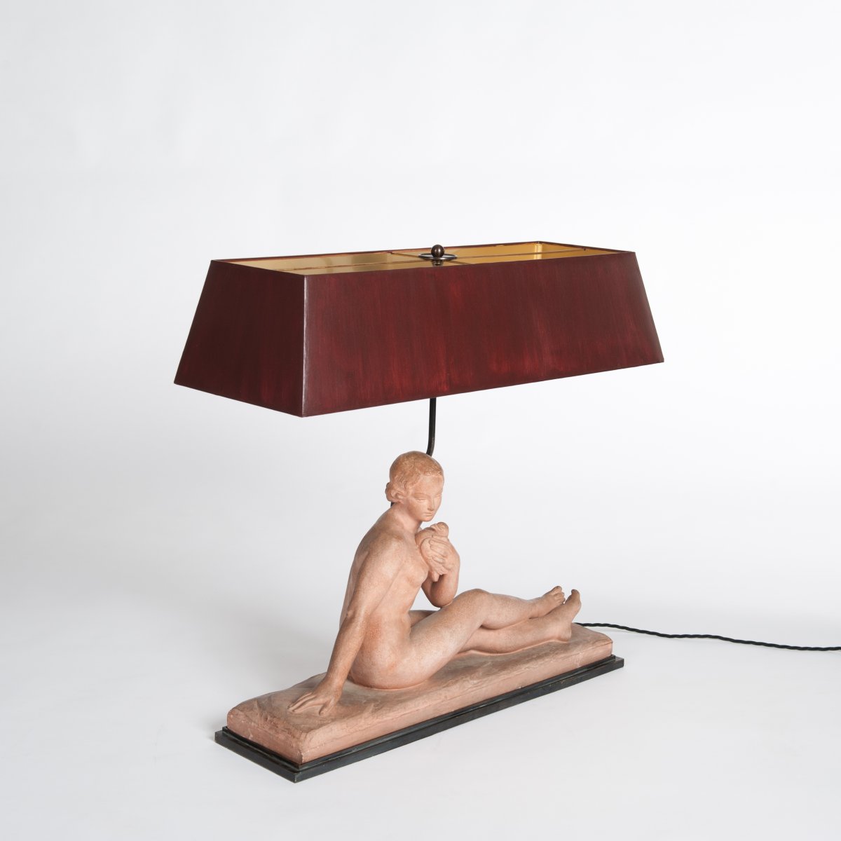 French Art Nouveau Figural Table In Terracotta Lamp, Signed With Red Shade