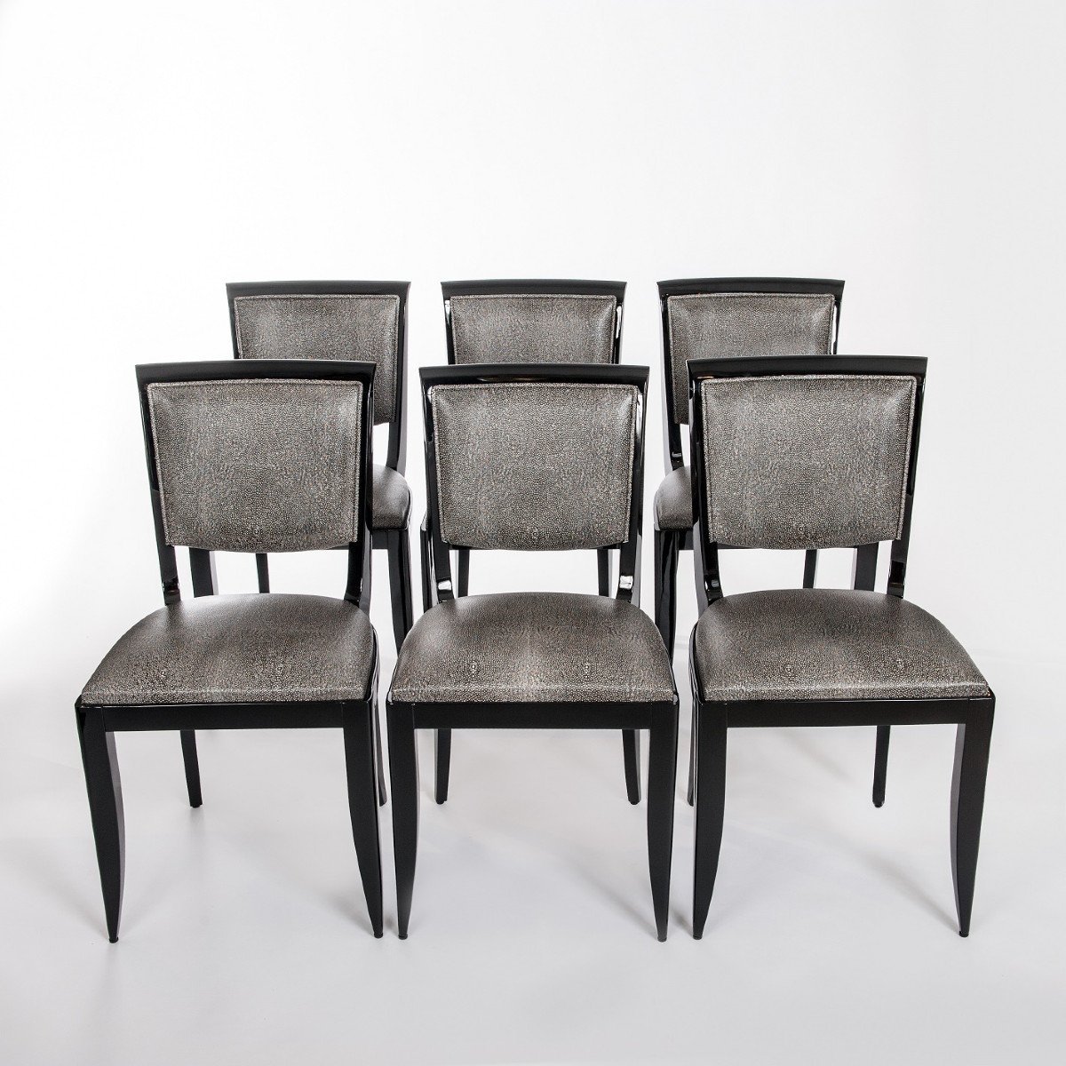 Six Chaises de Salle à Manger Art Déco Noires Cuir 