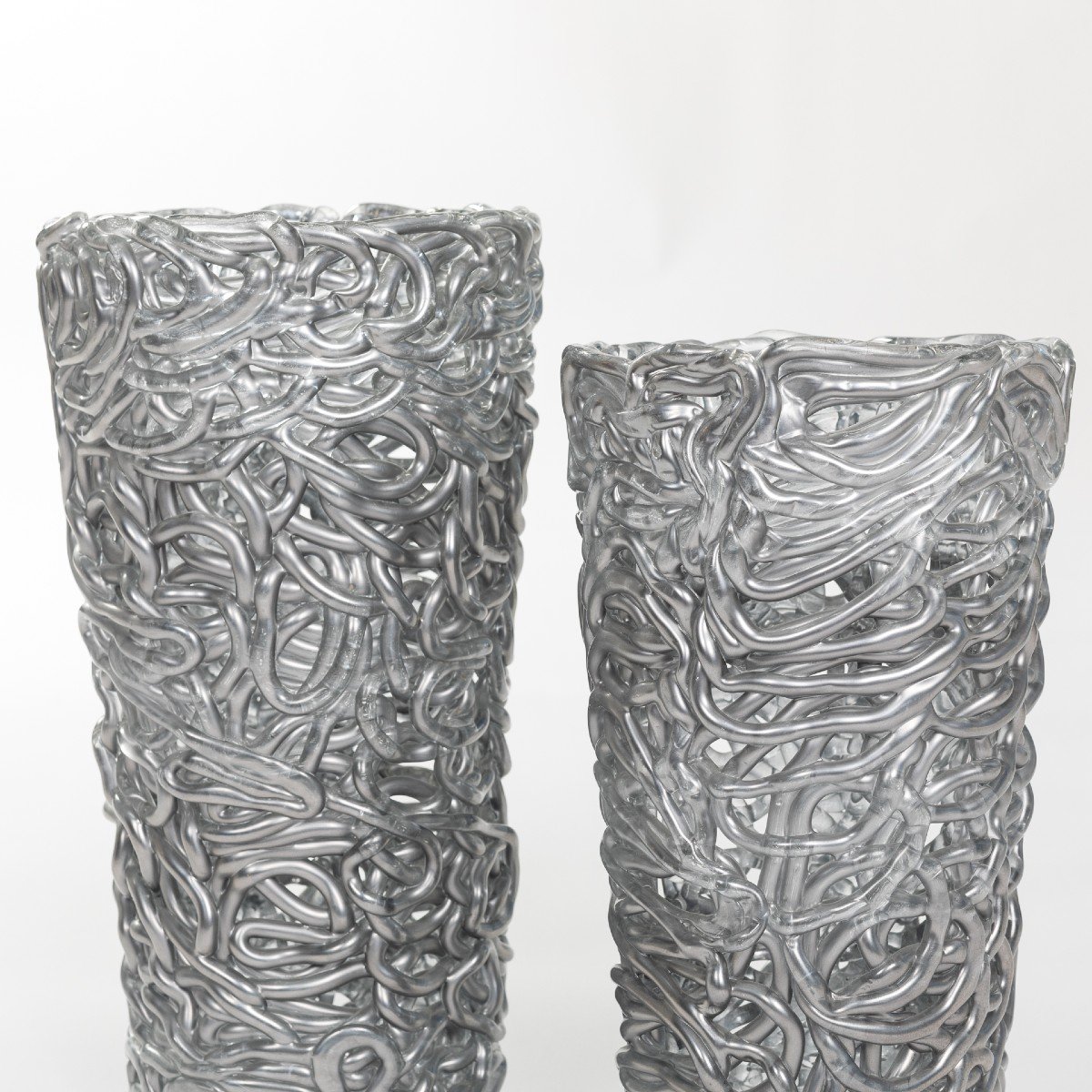 Pair Of Midcentury Silver-colored Murano Glass Vases Out Of Glass Veins-photo-3